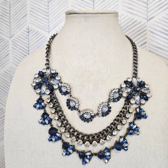 Charming Charlie Silver Tone & Blue Clear Rhinestone Layered Statement Necklace - Picture 1 of 3